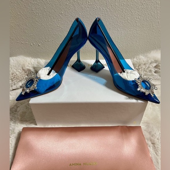 New Amina Muaddi Begum Glass Blue 95mm Pvc Pumps - Picture 8 of 10